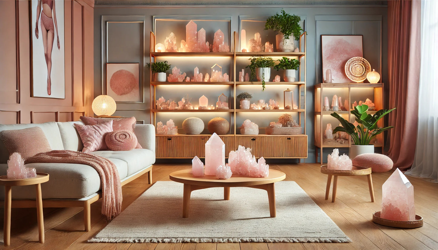 Rose quartz decor in a modern living room with light wood furniture and indoor plants.