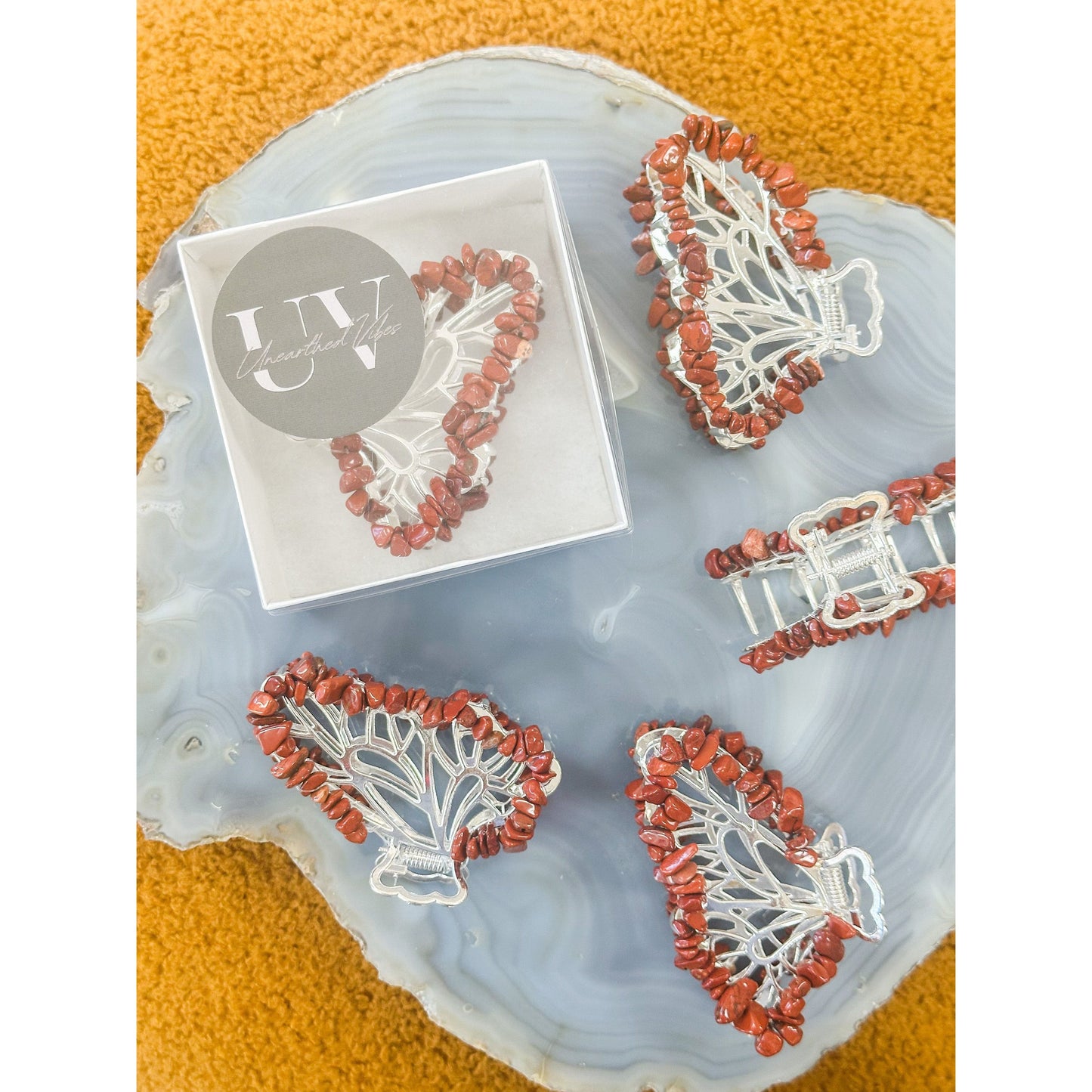 Unearthed Vibes hair accessories Red Jasper Butterfly Crystal Hair Claw Clip β Genuine Tumbled Red Jasper Crystals