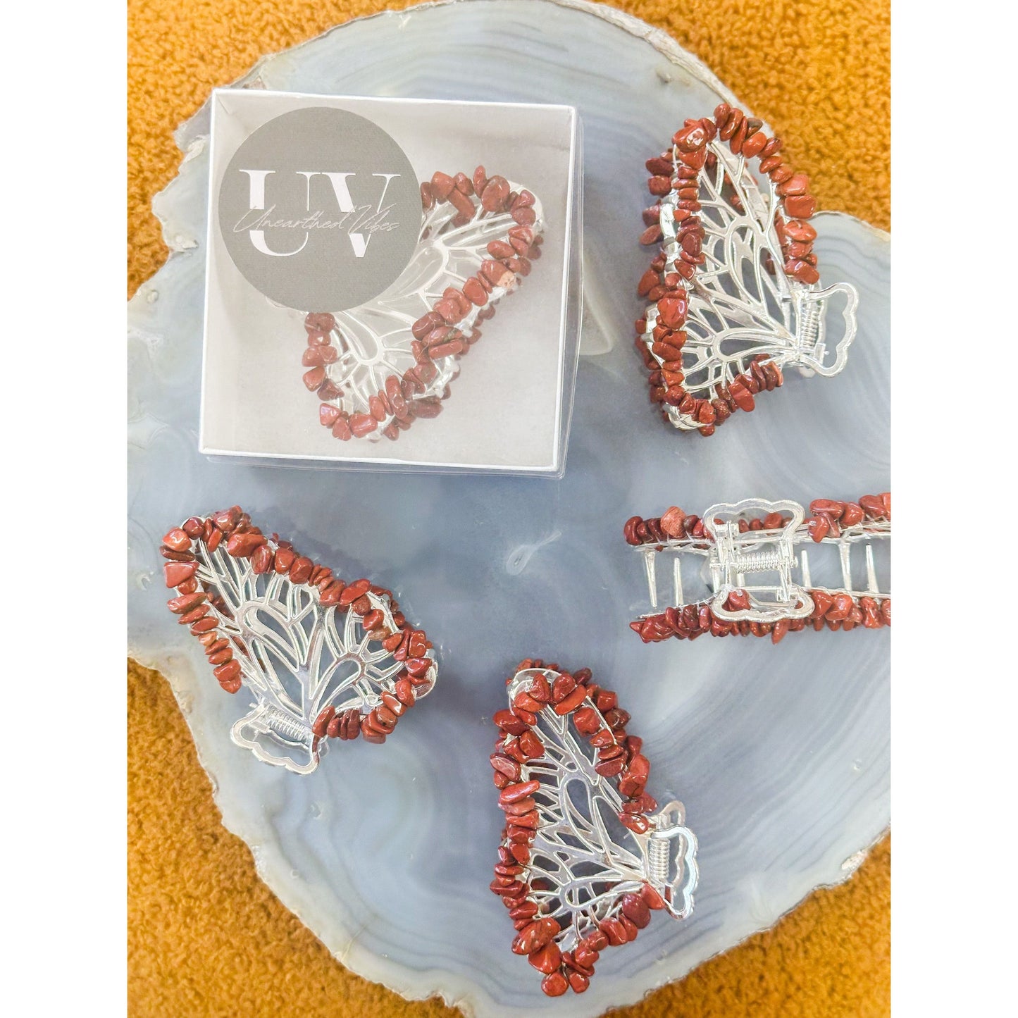 Unearthed Vibes hair accessories Red Jasper Butterfly Crystal Hair Claw Clip β Genuine Tumbled Red Jasper Crystals