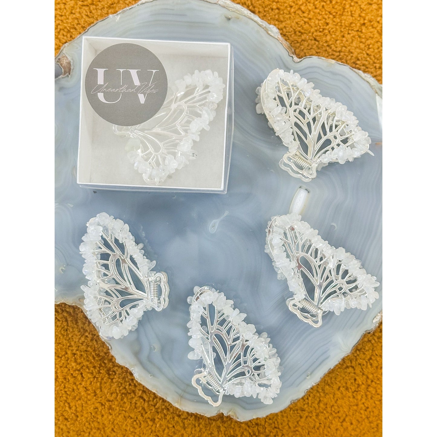 Unearthed Vibes Moonstone Butterfly Crystal Hair Claw Clip โ Genuine Tumbled Moonstone Crystals
