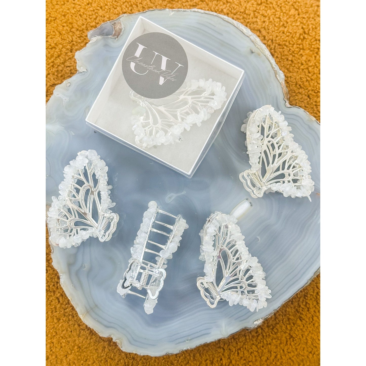 Unearthed Vibes Moonstone Butterfly Crystal Hair Claw Clip โ Genuine Tumbled Moonstone Crystals
