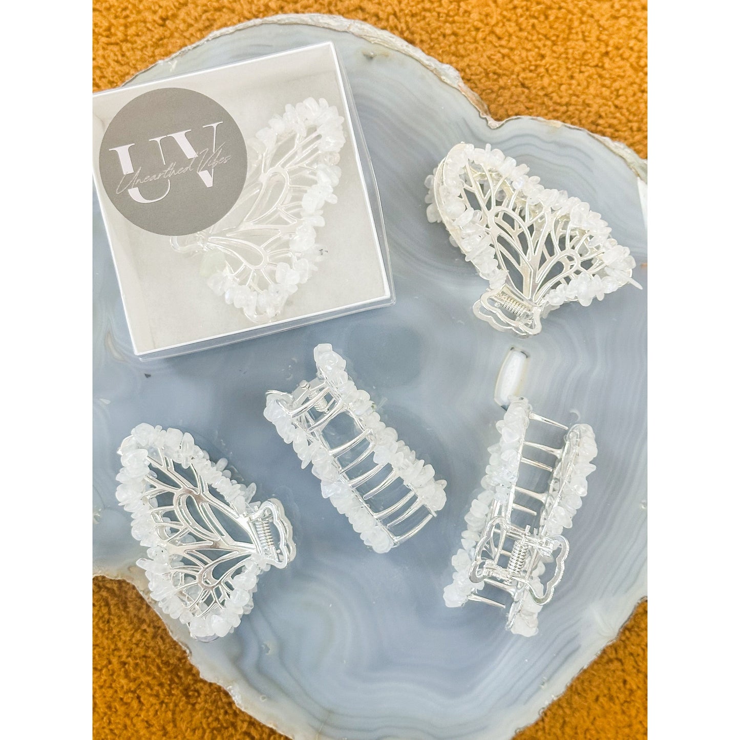 Unearthed Vibes Moonstone Butterfly Crystal Hair Claw Clip โ Genuine Tumbled Moonstone Crystals