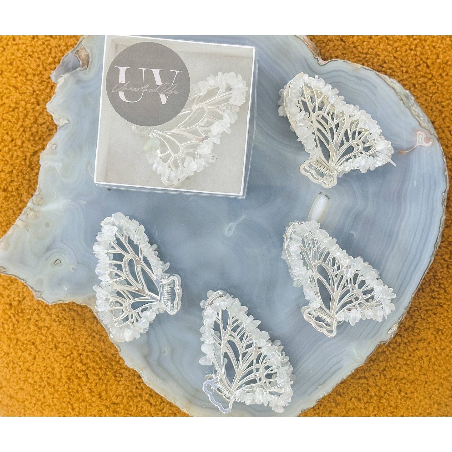 Unearthed Vibes Moonstone Butterfly Crystal Hair Claw Clip โ Genuine Tumbled Moonstone Crystals