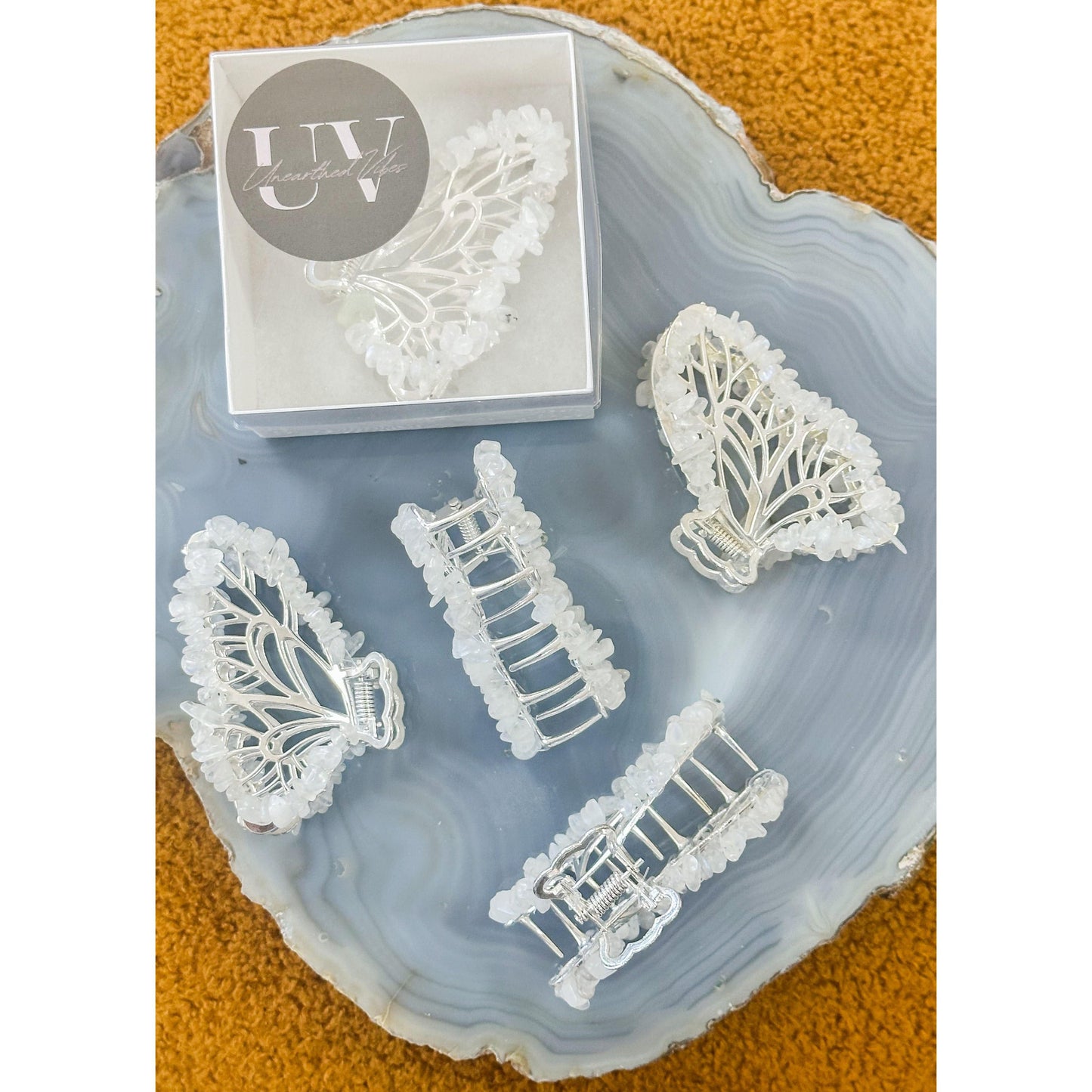 Unearthed Vibes Moonstone Butterfly Crystal Hair Claw Clip โ Genuine Tumbled Moonstone Crystals