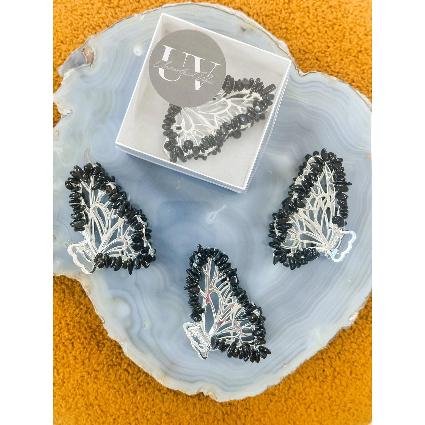 Unearthed Vibes Obsidian Butterfly Crystal Hair Claw Clip β Genuine Tumbled Obsidian Crystals
