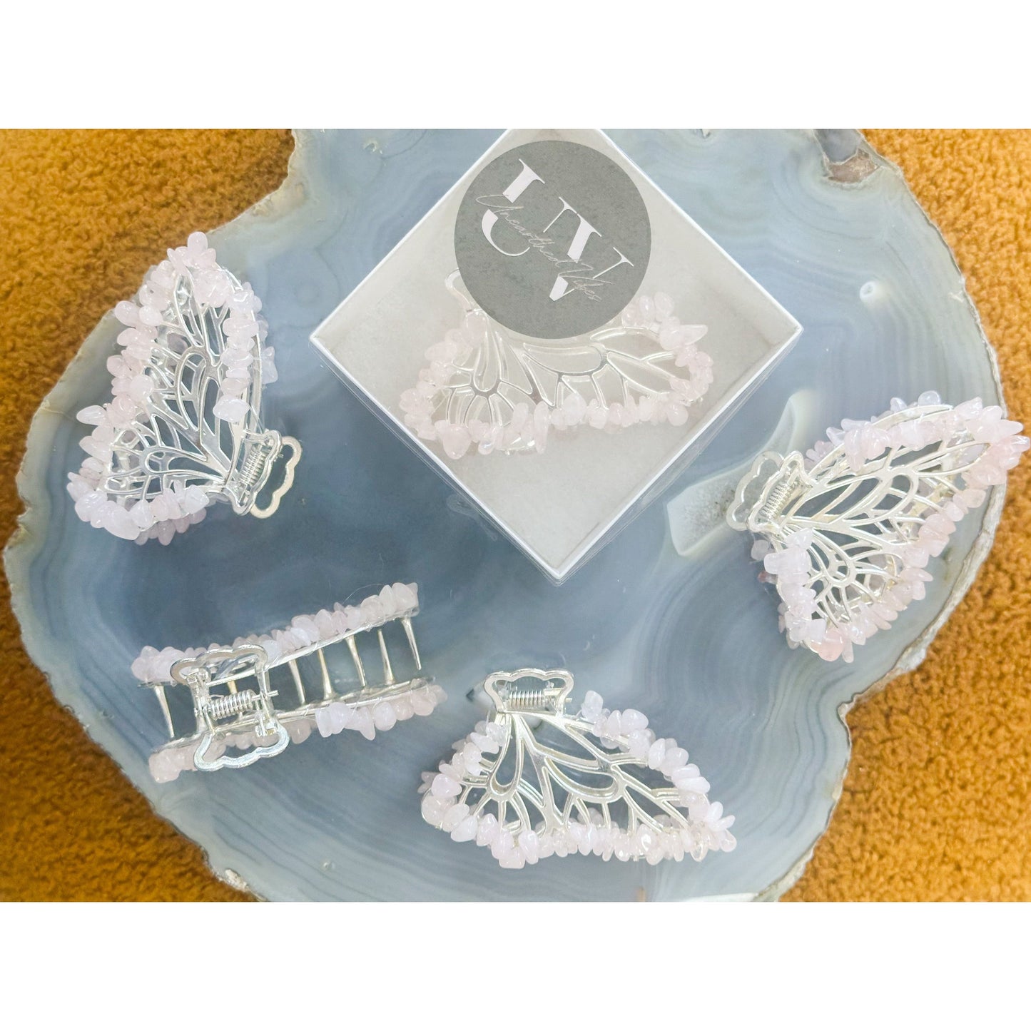 Unearthed Vibes Rose Quartz Butterfly Crystal Hair Claw Clip โ Genuine Tumbled Rose Quartz Crystals