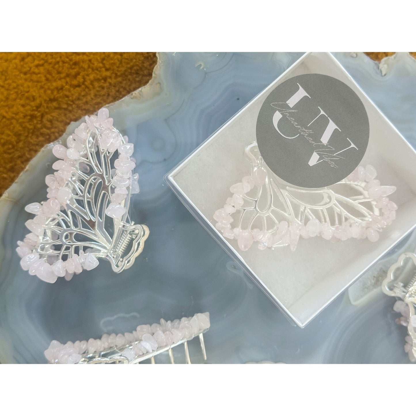 Unearthed Vibes Rose Quartz Butterfly Crystal Hair Claw Clip โ Genuine Tumbled Rose Quartz Crystals