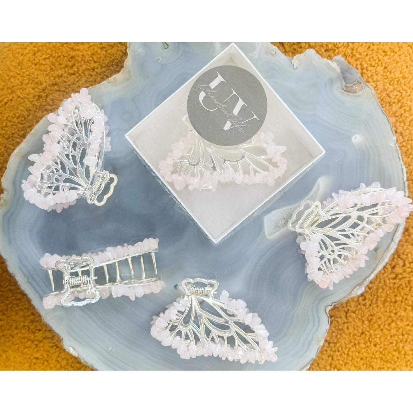 Unearthed Vibes Rose Quartz Butterfly Crystal Hair Claw Clip โ Genuine Tumbled Rose Quartz Crystals