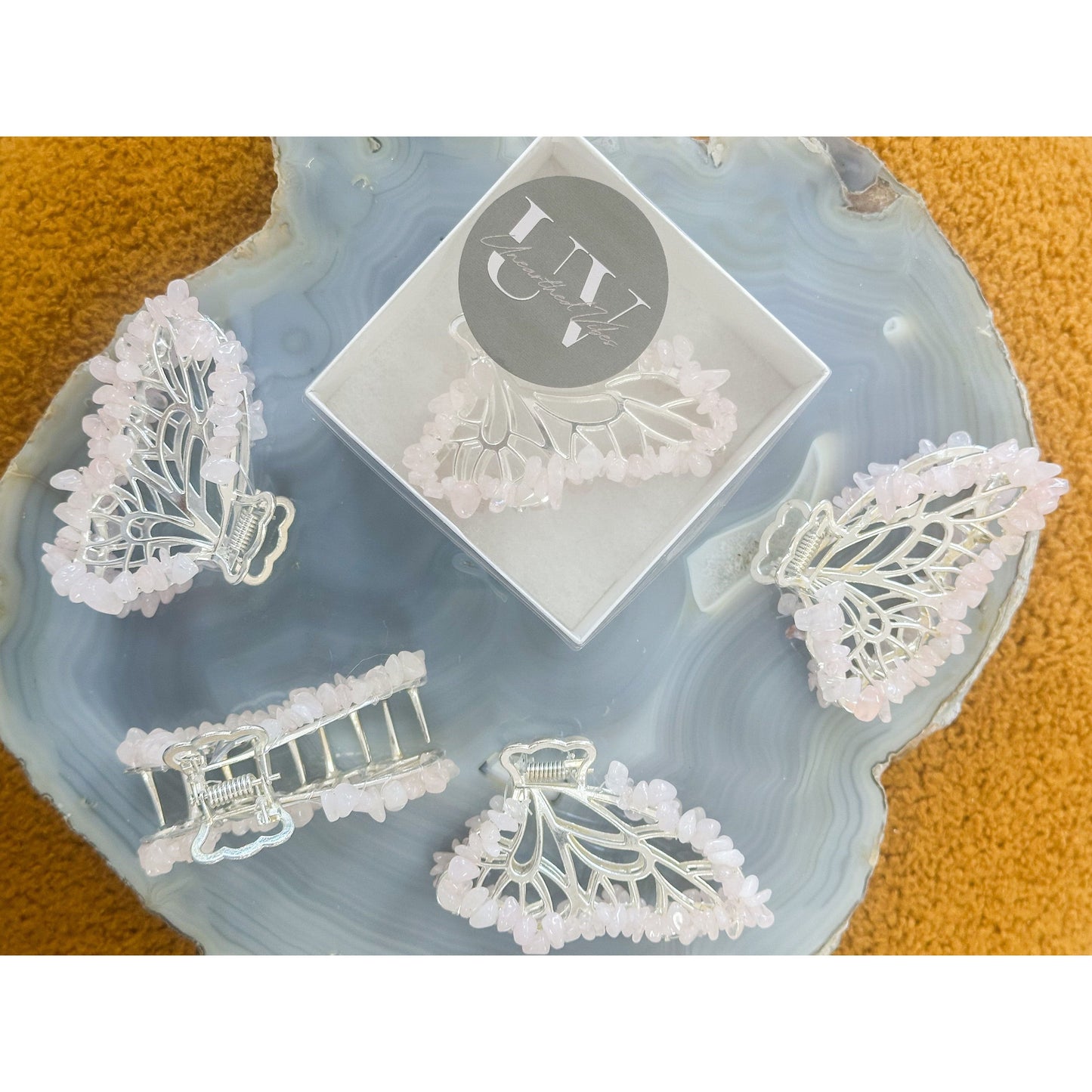 Unearthed Vibes Rose Quartz Butterfly Crystal Hair Claw Clip โ Genuine Tumbled Rose Quartz Crystals