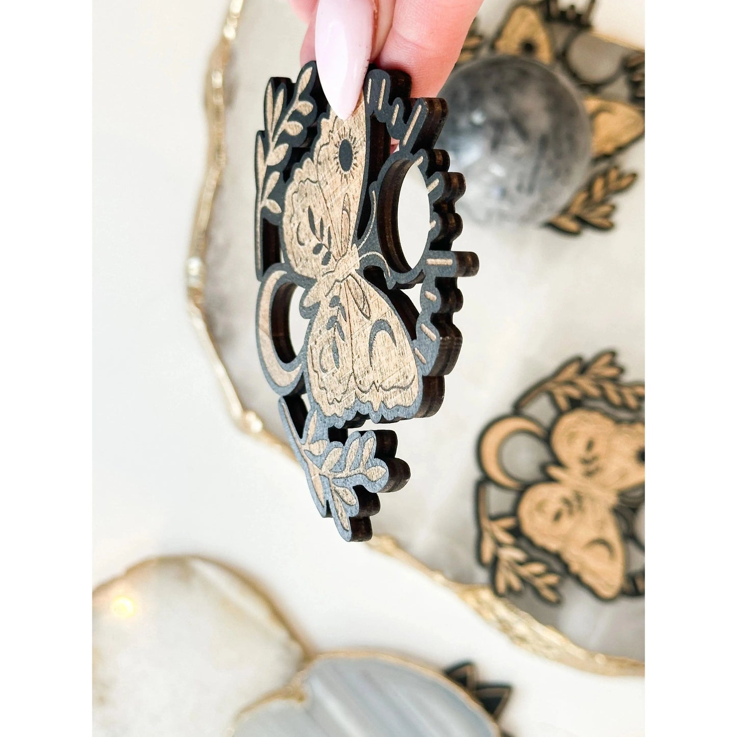 Unearthed Vibes Wood Sphere Stand – Butterfly | Crystal Ball & Gemstone Display Holder