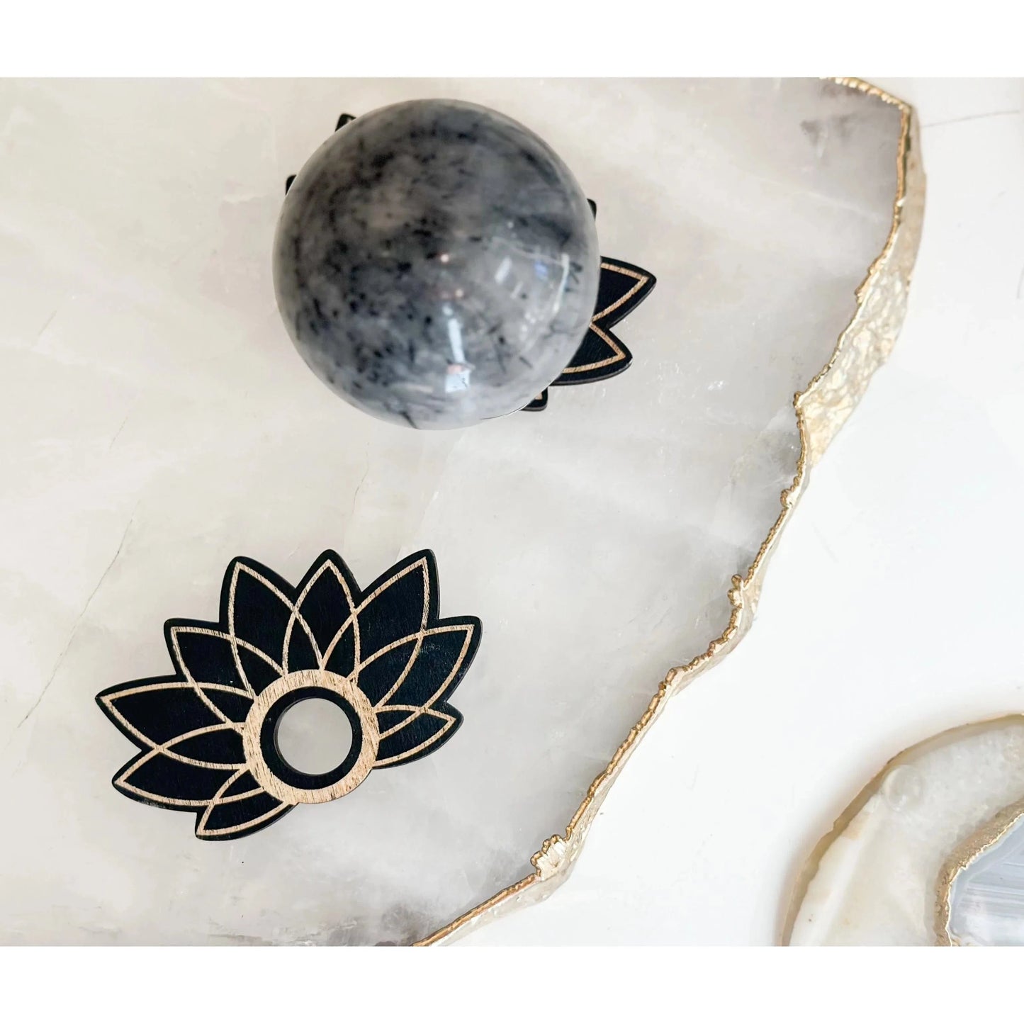Unearthed Vibes Wood Sphere Stand – Lotus Edition | Crystal Ball & Gemstone Display Holder