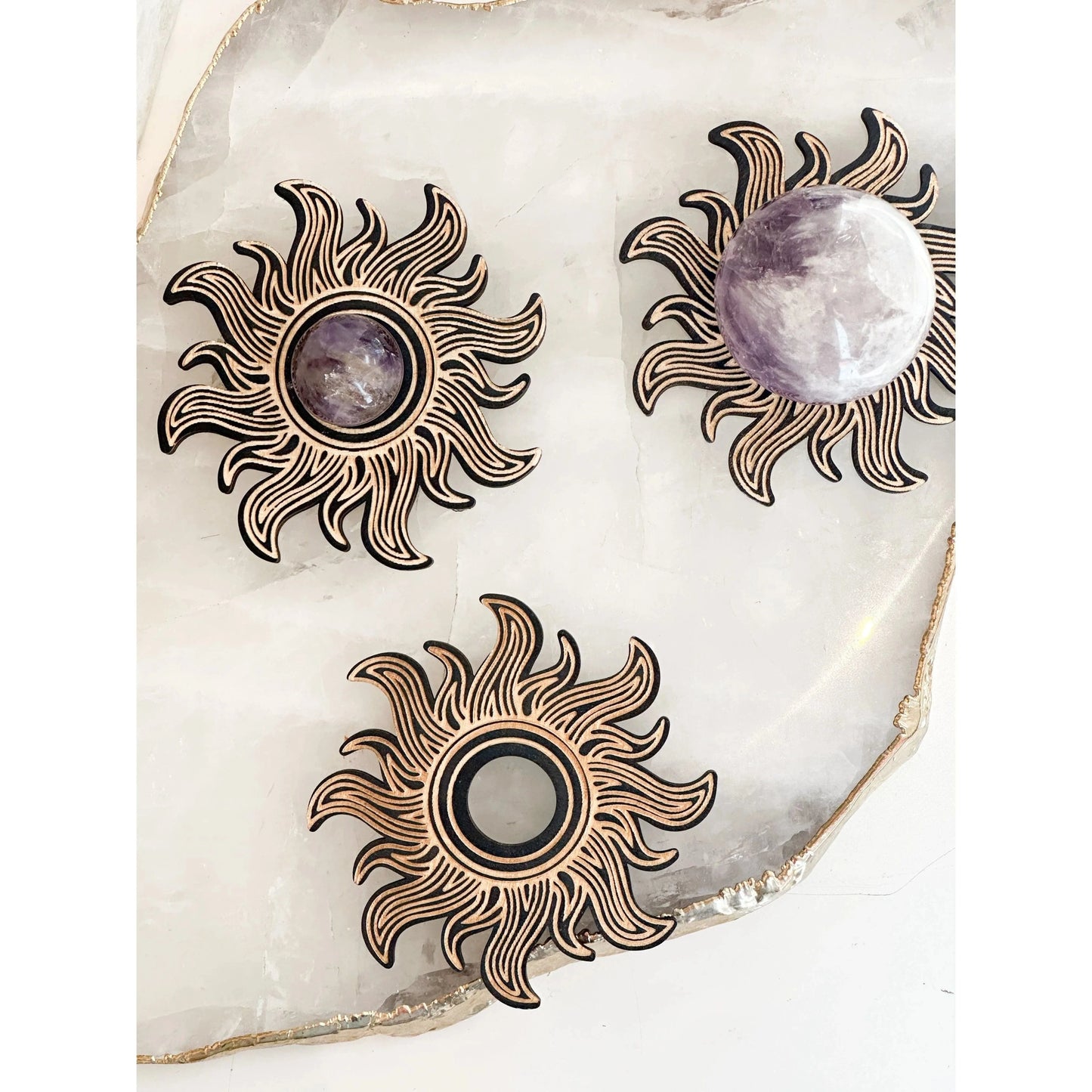 Unearthed Vibes Wood Sphere Stand – Sun Edition | Crystal Ball & Gemstone Display Holder