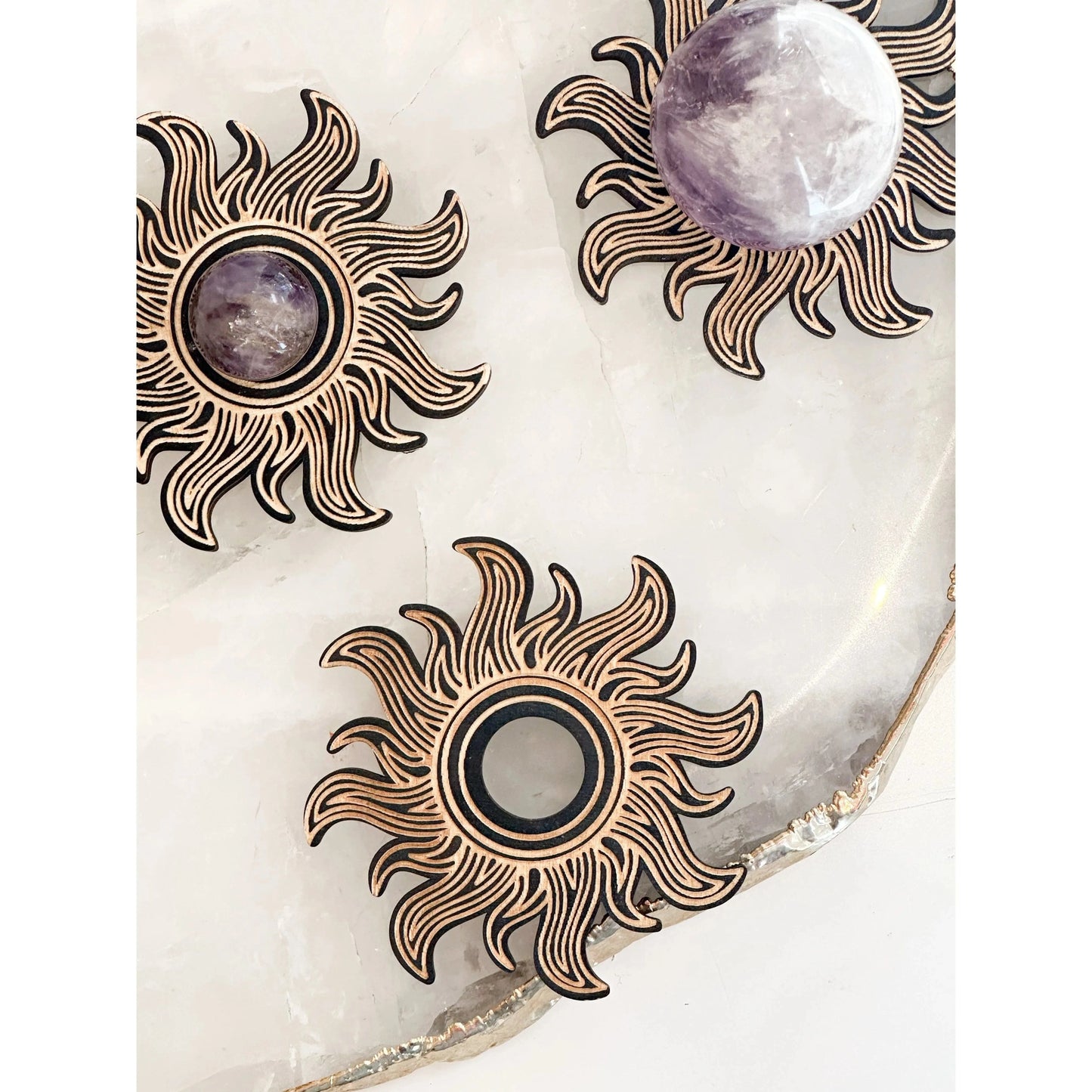 Unearthed Vibes Wood Sphere Stand – Sun Edition | Crystal Ball & Gemstone Display Holder