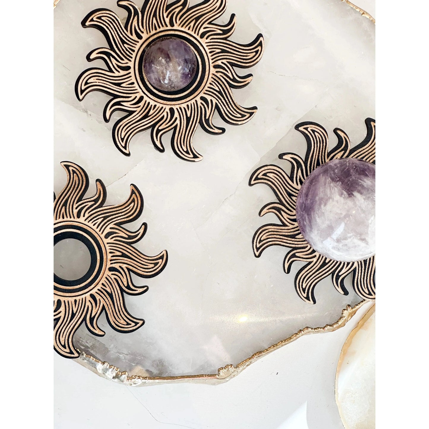 Unearthed Vibes Wood Sphere Stand – Sun Edition | Crystal Ball & Gemstone Display Holder