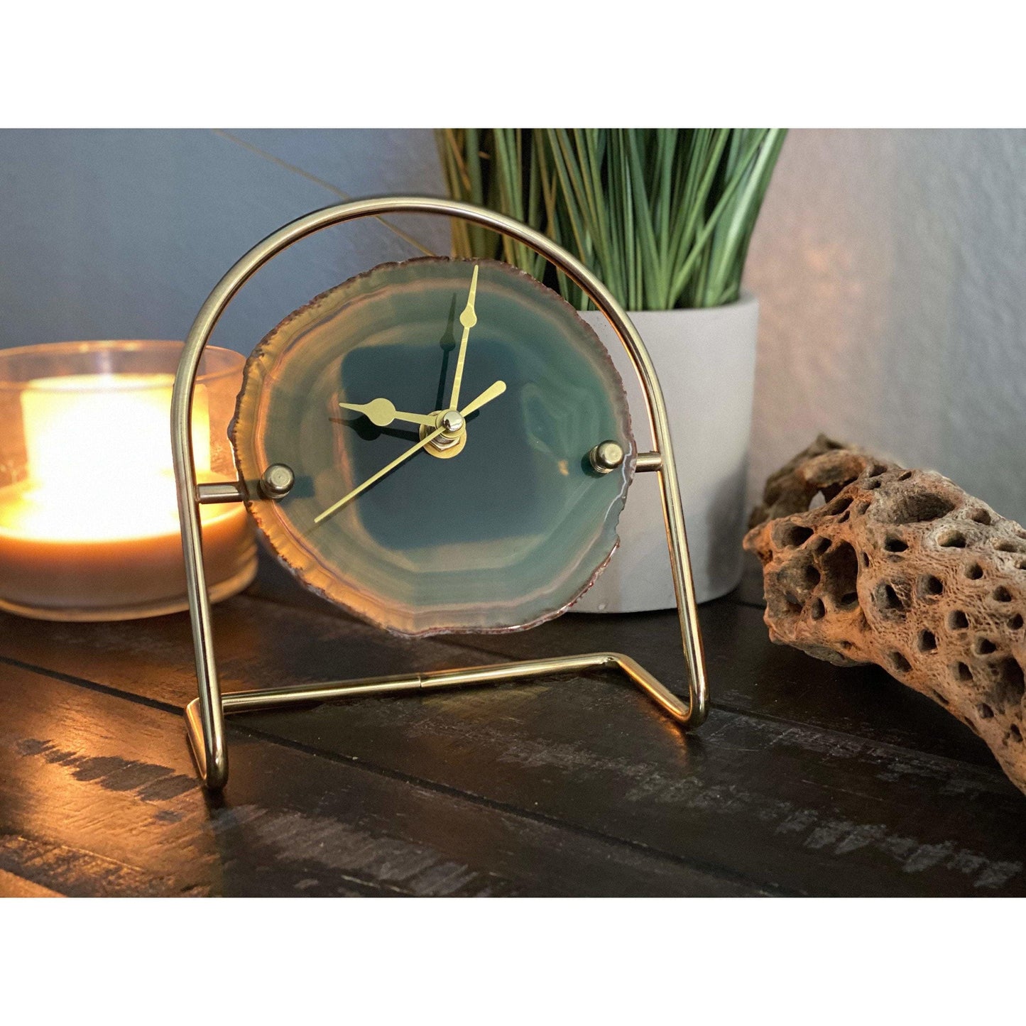 ETSY 8504 Colored Agate Clock with Gold Clock Hands Mounted on a Gold Stand | Agate Clock | Great Gift