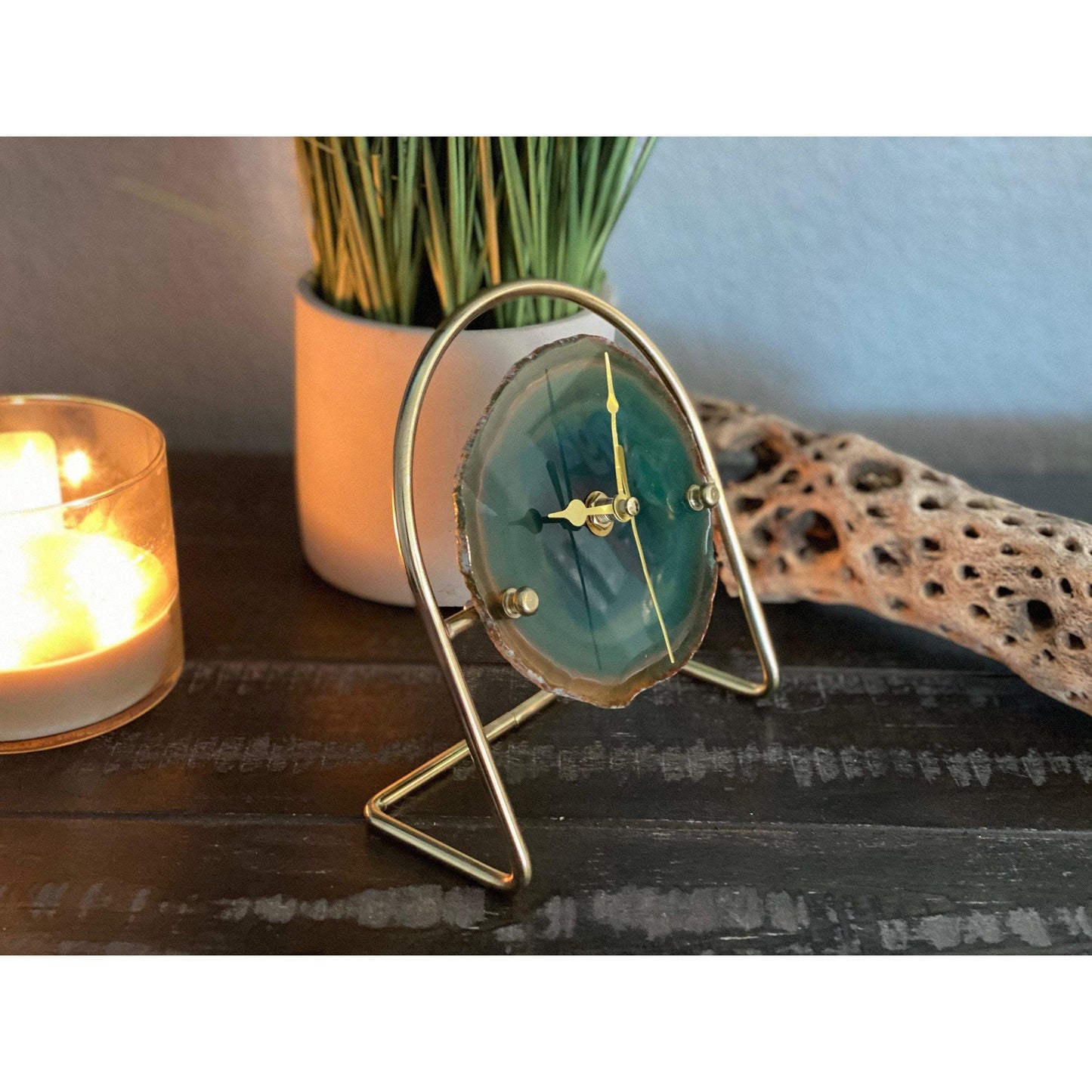 ETSY 8504 Colored Agate Clock with Gold Clock Hands Mounted on a Gold Stand | Agate Clock | Great Gift