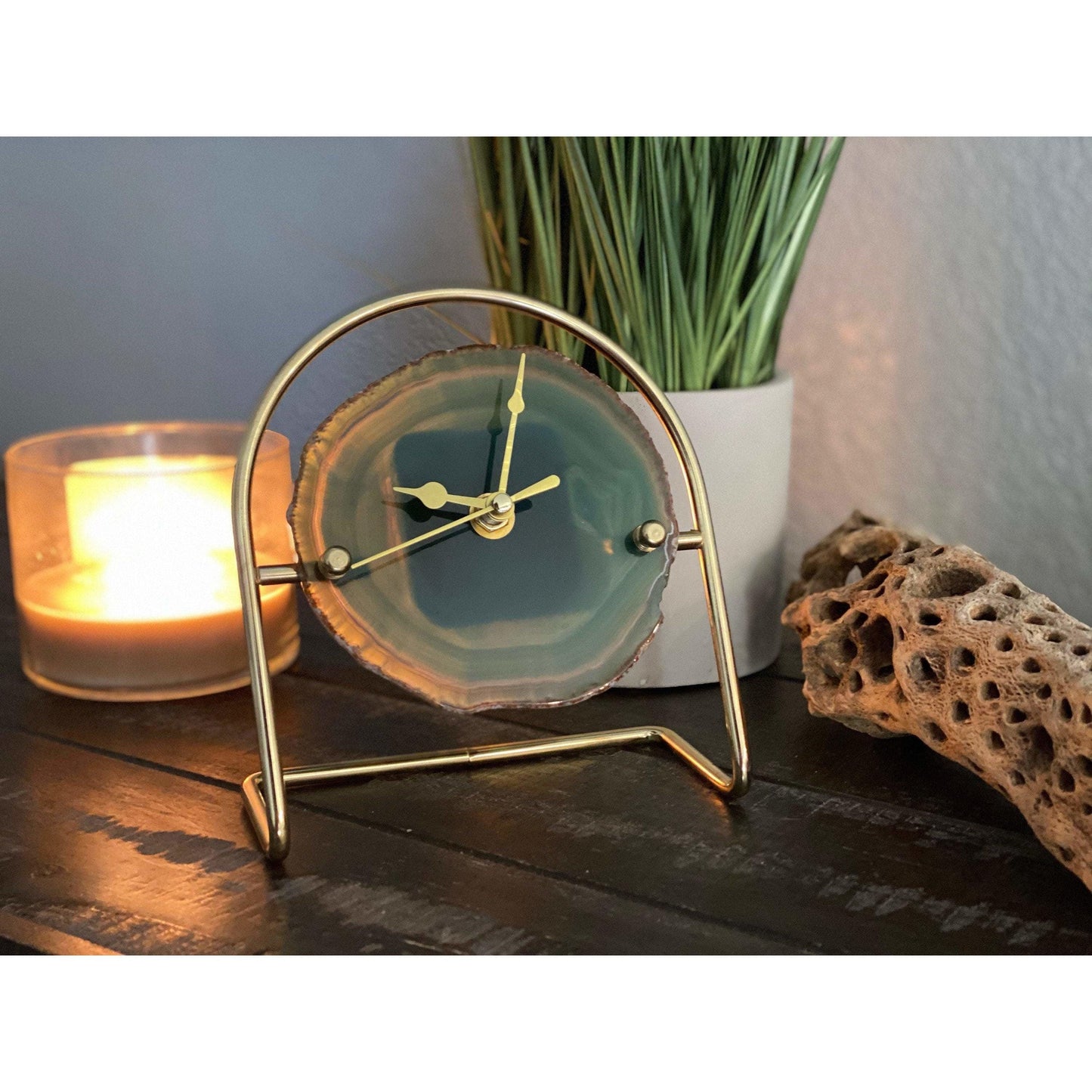 ETSY 8504 Colored Agate Clock with Gold Clock Hands Mounted on a Gold Stand | Agate Clock | Great Gift