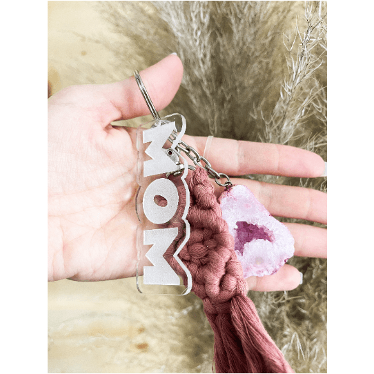 Melan Threads MOM Crystal Macramé Keychain | BOHO | Pick a color | Blue Pink Purple Teal Tan / Clear