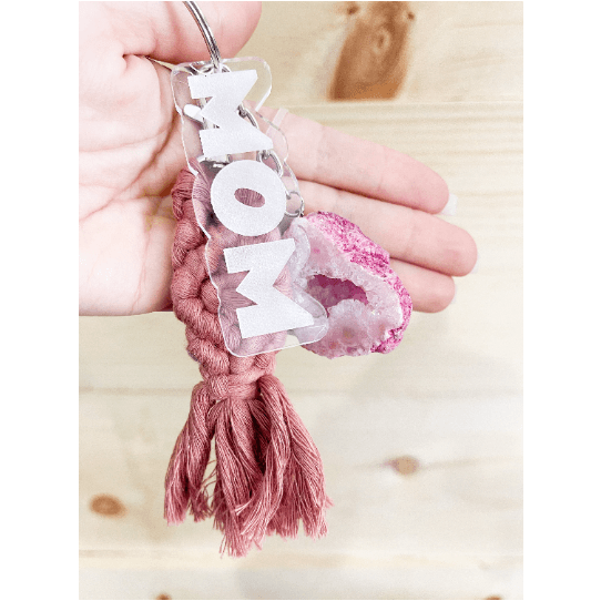 Melan Threads MOM Crystal Macramé Keychain | BOHO | Pick a color | Blue Pink Purple Teal Tan / Clear