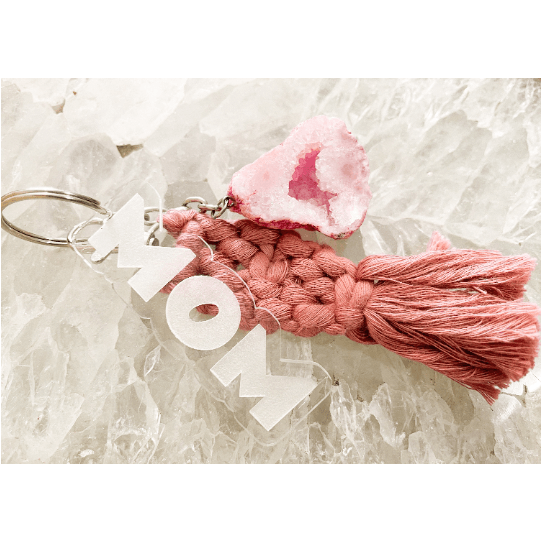 Melan Threads MOM Crystal Macramé Keychain | BOHO | Pick a color | Blue Pink Purple Teal Tan / Clear