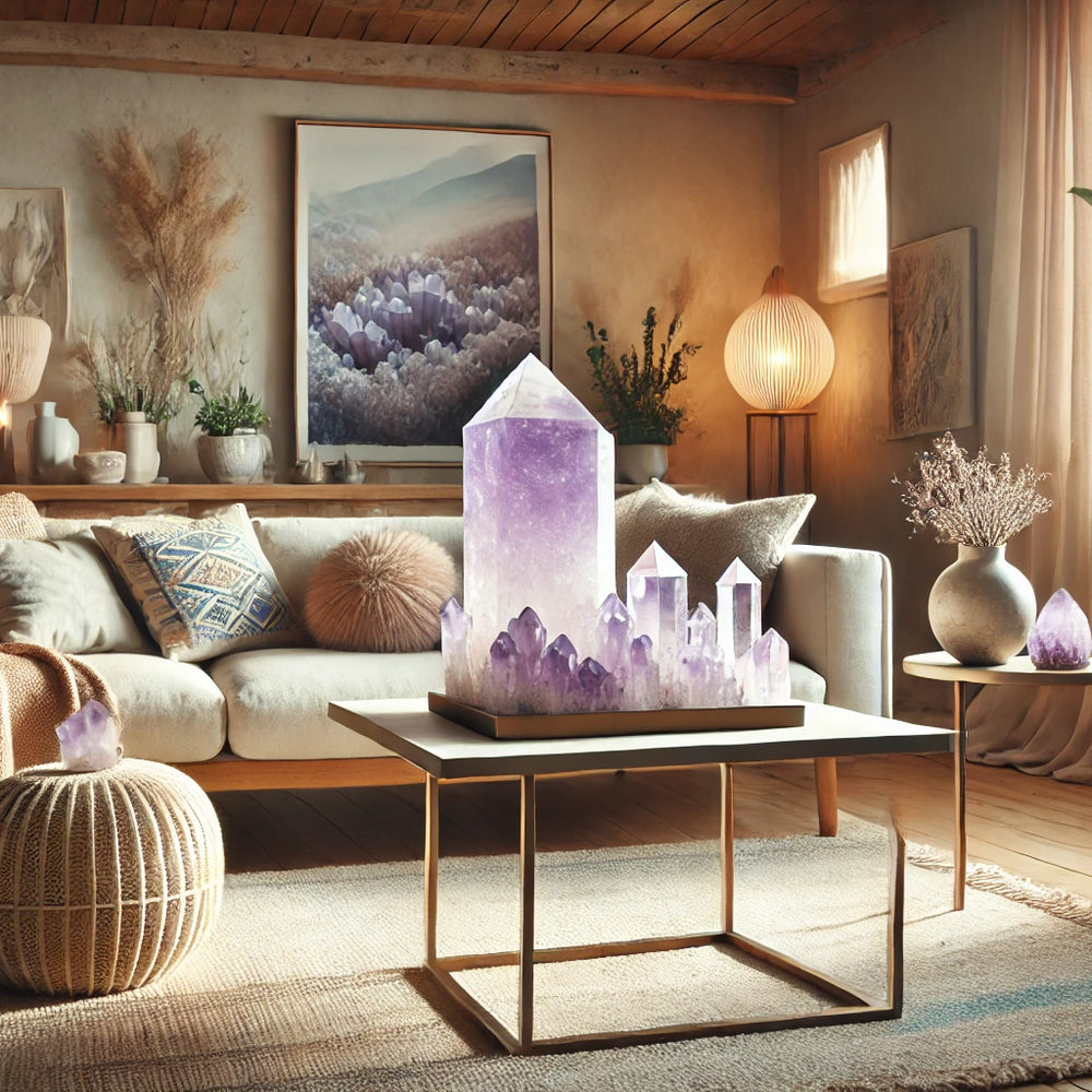 Amethyst crystals on a stand in a modern bohemian living room with light wood furniture and indoor plants.