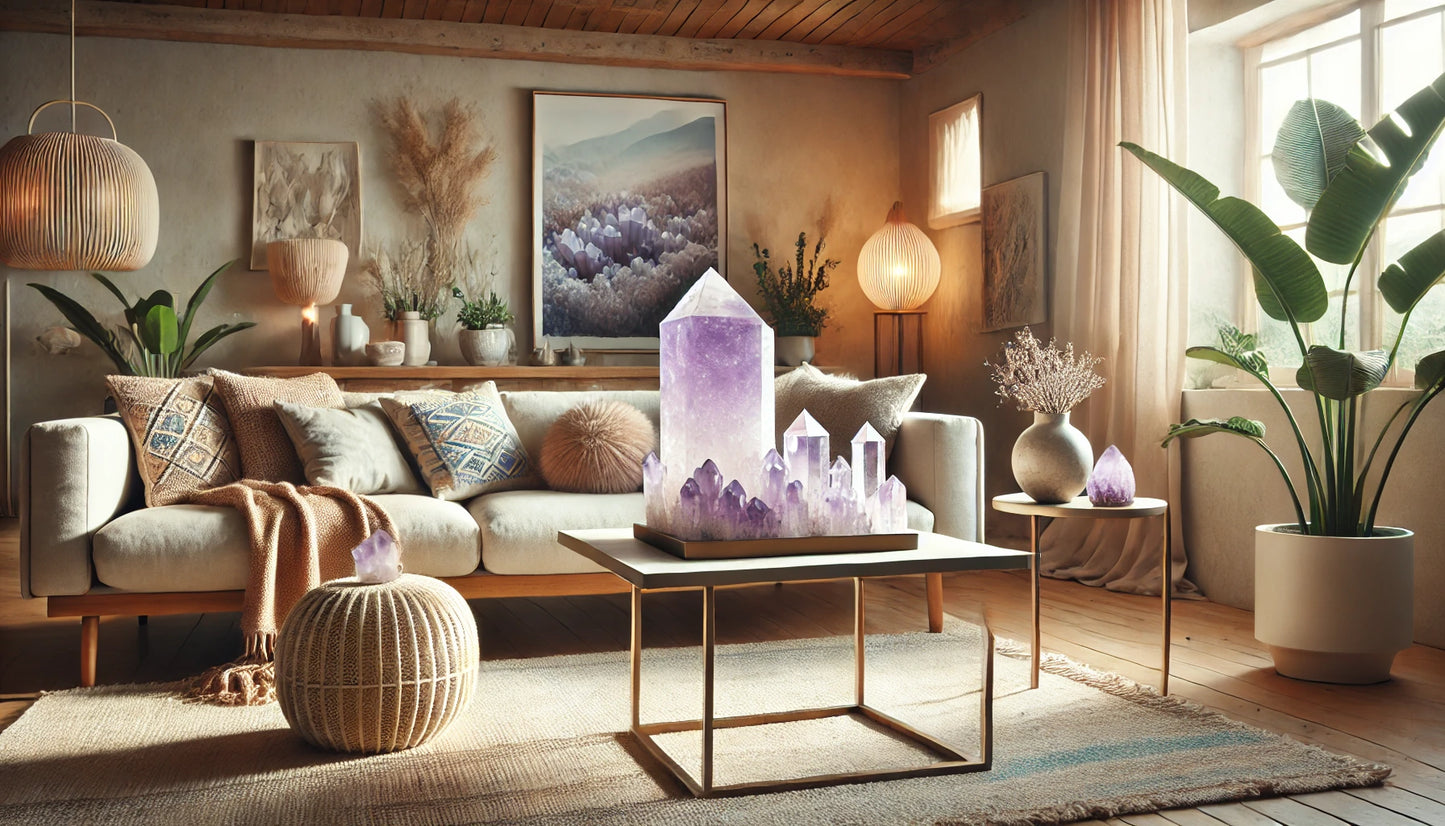 Amethyst crystals on a stand in a modern bohemian living room with light wood furniture and indoor plants.