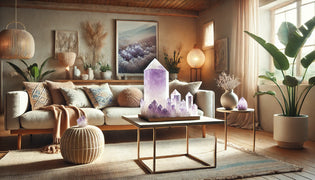  Amethyst crystals on a stand in a modern bohemian living room with light wood furniture and indoor plants.