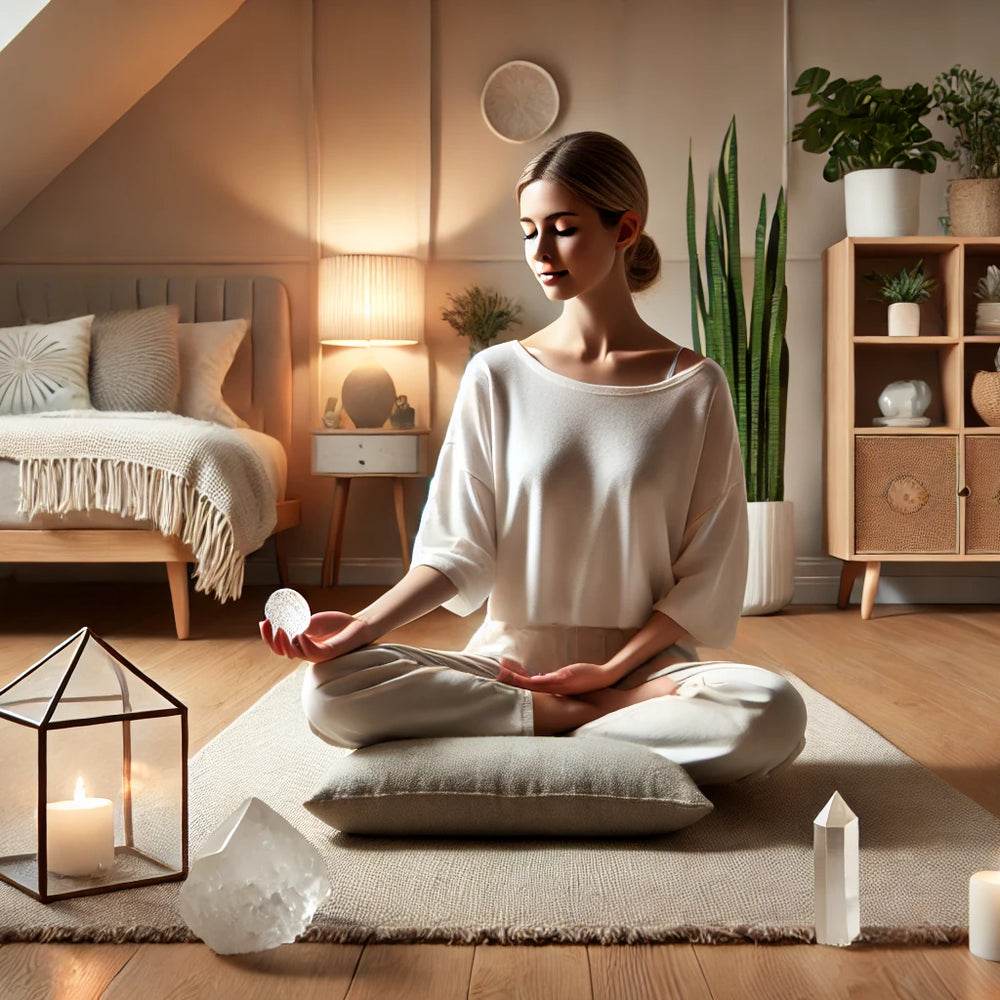 Person meditating with crystals in a serene, minimalist room with soft lighting and indoor plants.