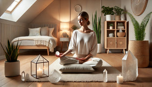  Person meditating with crystals in a serene, minimalist room with soft lighting and indoor plants.
