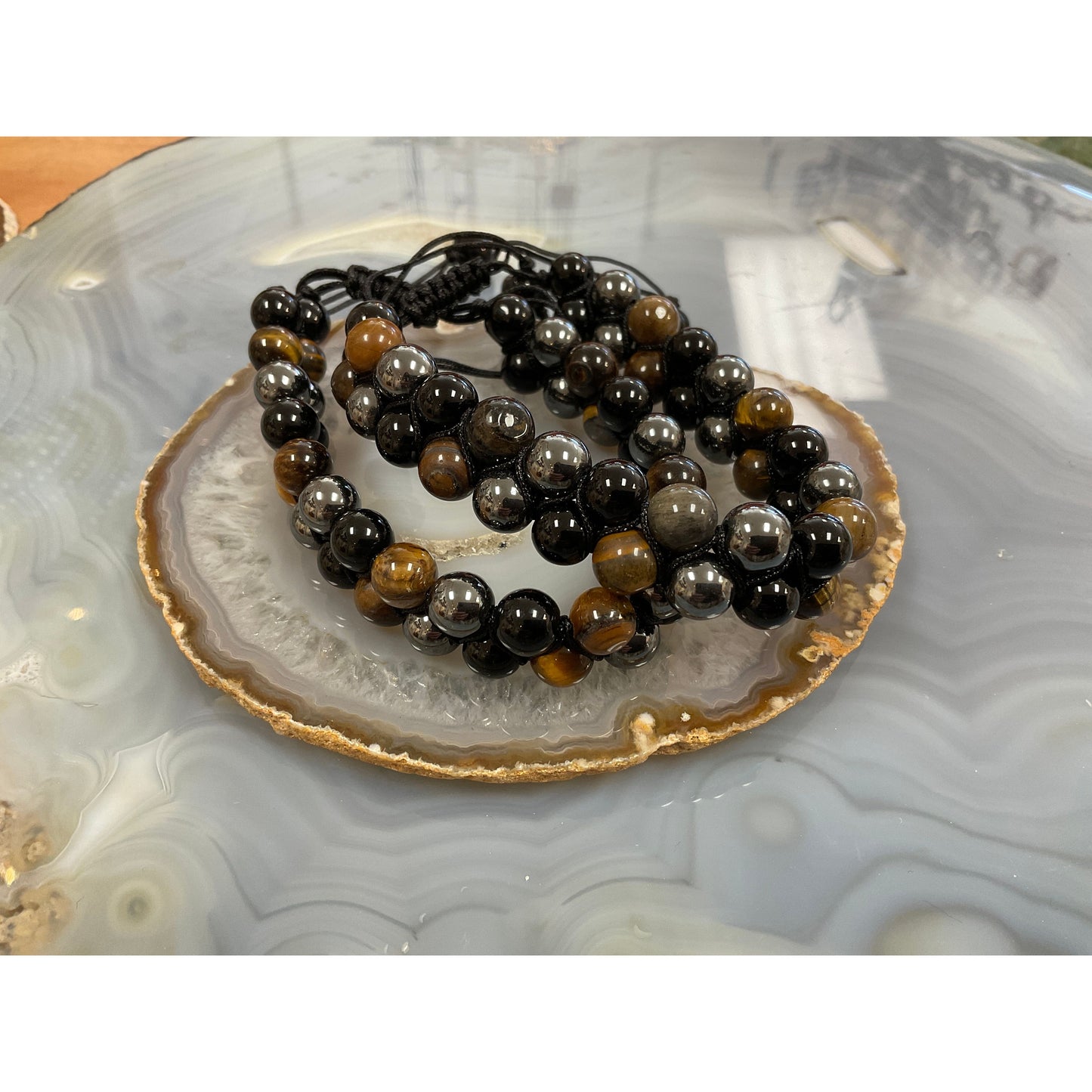 Triple protection double band bracelet, tiger's eye hematite black obsidian adjustable beads