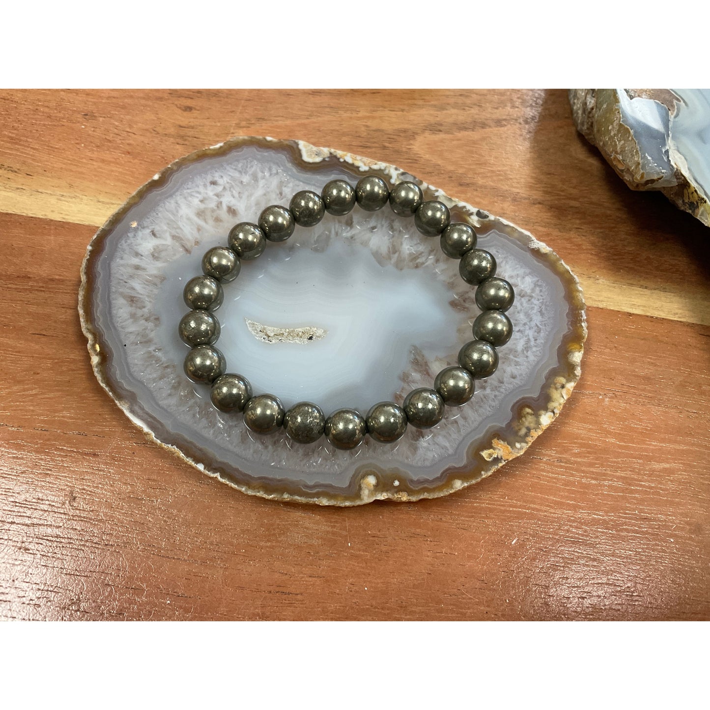Natural pyrite 8mm stretch bracelet with reflective gold metallic beads for prosperity and confidence