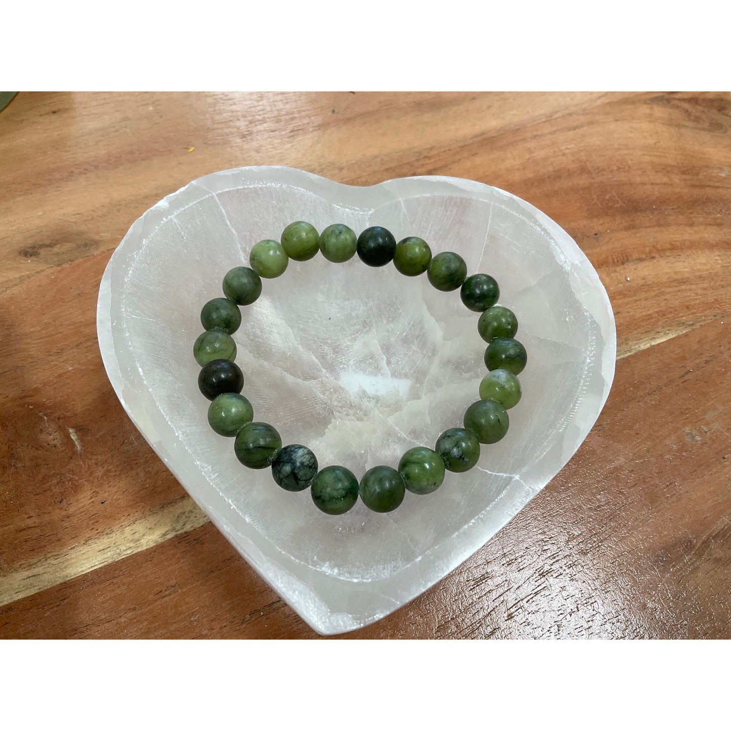 Serpentine jade 8mm stretch bracelet, green polished stone beads for healing and protection
