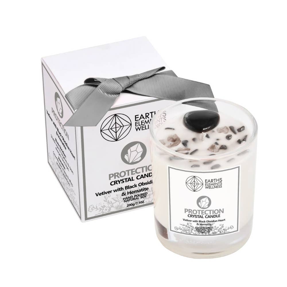 Protection crystal candle with black obsidian heart and hematite chips, natural soy - Unearthed Vibes