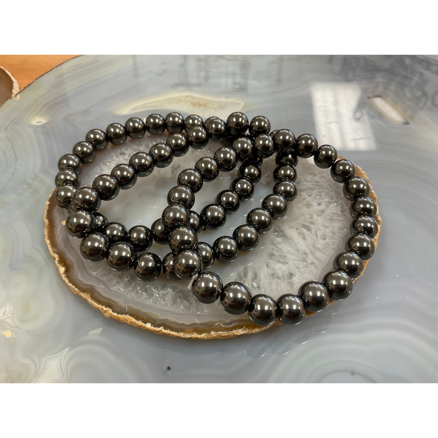 Hematite 8mm stretch bracelet, dark metallic stone beads for grounding and protection