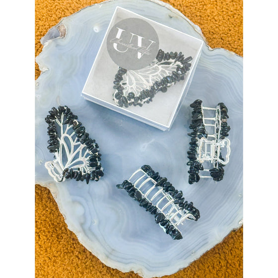 Obsidian Butterfly Crystal Hair Claw Clip – Genuine Tumbled Obsidian Crystals