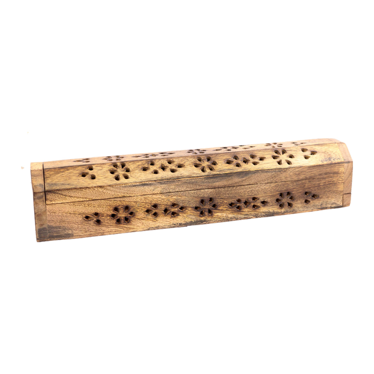Hand carved wooden incense burner box with daisy design, artisan ash-catching holder