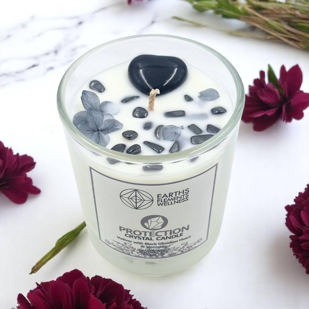 Protection crystal candle side view, natural soy Vetiver scented grounding candle - Unearthed Vibes
