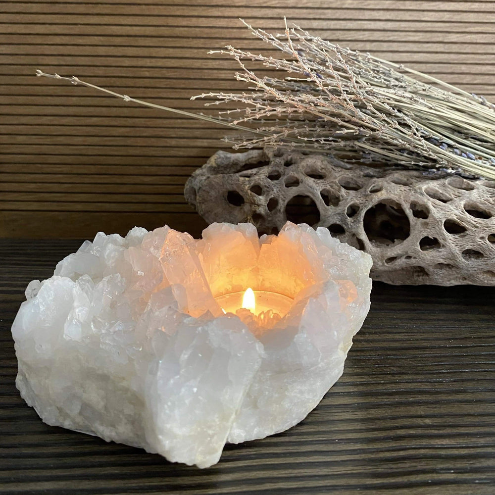 Melan Threads Raw (Cluster) Clear Quartz Candle Holder | Quartz Cluster | Clear Quartz | Great Gift