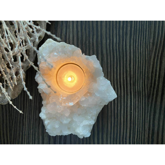 Melan Threads Raw (Cluster) Clear Quartz Candle Holder | Quartz Cluster | Clear Quartz | Great Gift