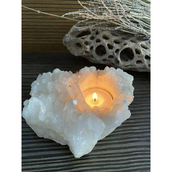 Melan Threads Raw (Cluster) Clear Quartz Candle Holder | Quartz Cluster | Clear Quartz | Great Gift