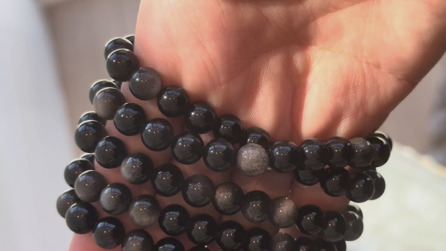 Polished Silver Obsidian Bracelet – Protection, Clarity & Inner Strength
