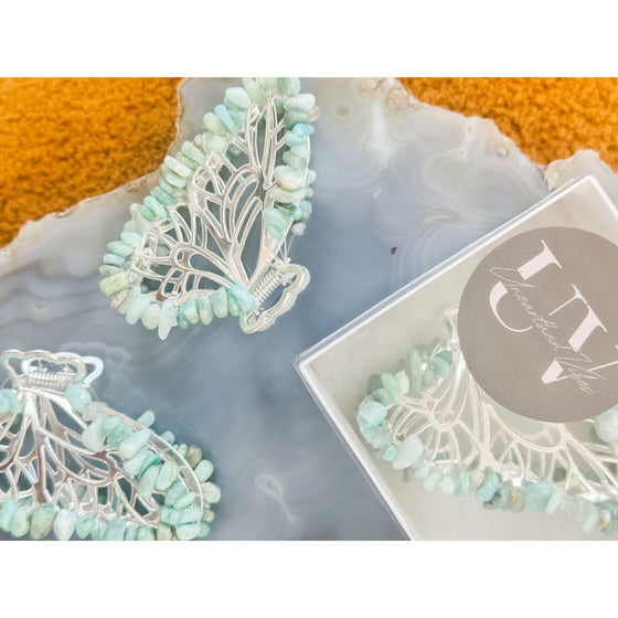 Unearthed Vibes Amazonite Butterfly Crystal Hair Claw Clip – Genuine Tumbled Amazonite Crystals