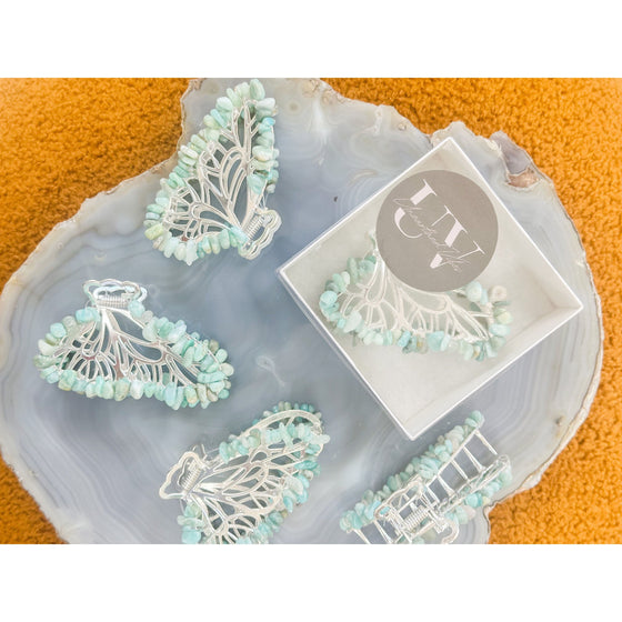 Unearthed Vibes Amazonite Butterfly Crystal Hair Claw Clip – Genuine Tumbled Amazonite Crystals