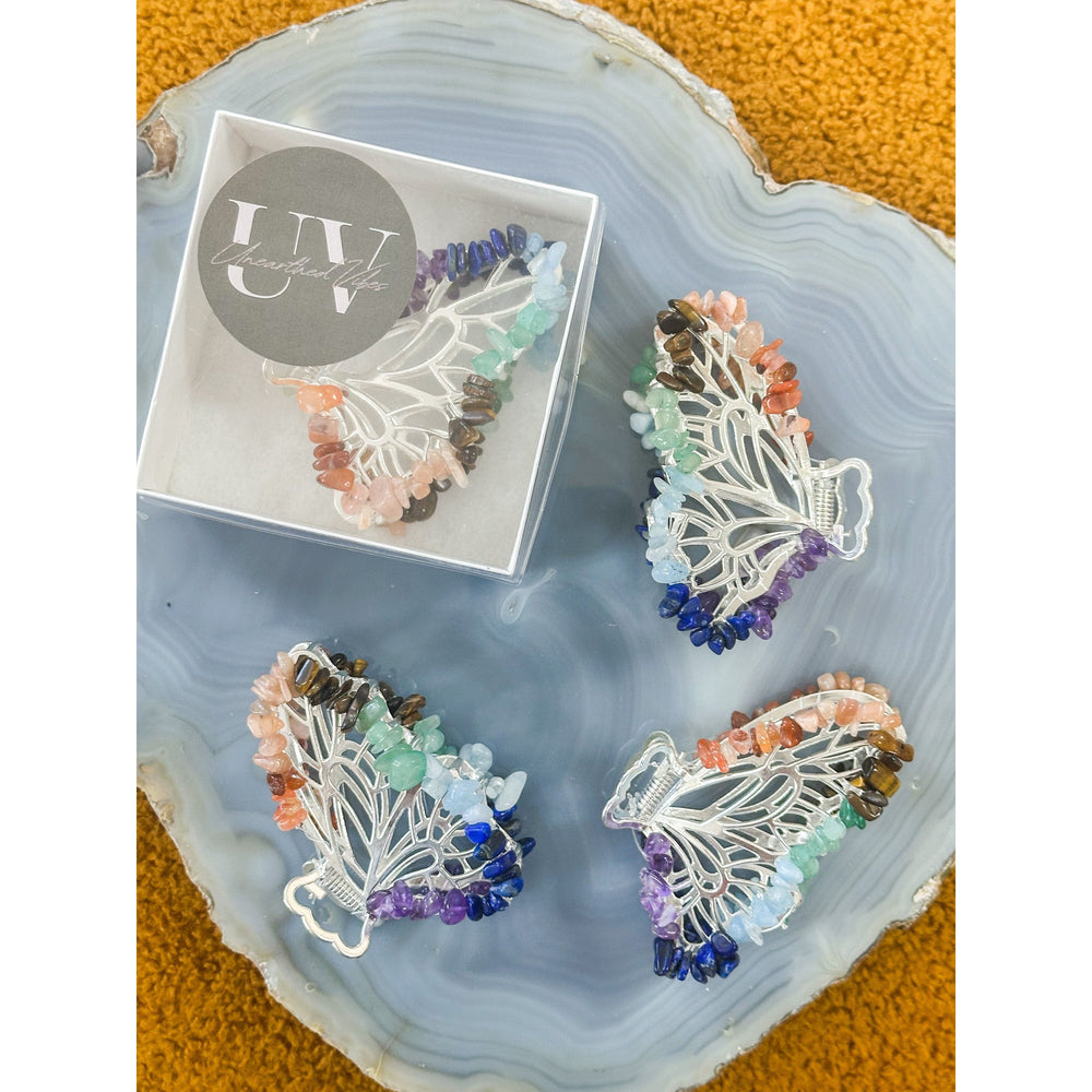 Unearthed Vibes Chakra Stones Butterfly Crystal Hair Claw Clip – Genuine Tumbled Chakra Stones Crystals