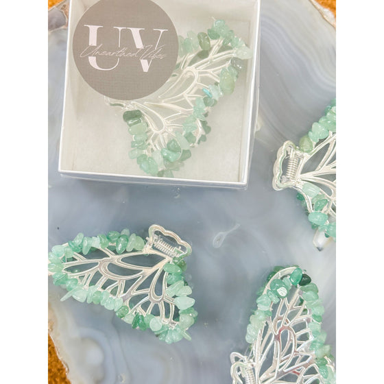 Unearthed Vibes Green Aventurine Butterfly Crystal Hair Claw Clip – Genuine Tumbled Green Aventurine Crystals