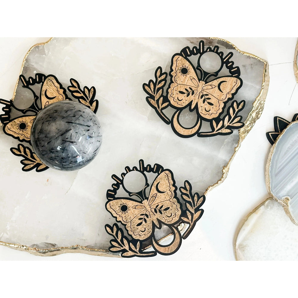 Unearthed Vibes Wood Sphere Stand – Butterfly | Crystal Ball & Gemstone Display Holder