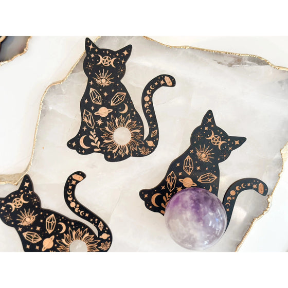 Unearthed Vibes Wood Sphere Stand – Galaxy Cat Edition | Crystal Ball & Gemstone Display Holder