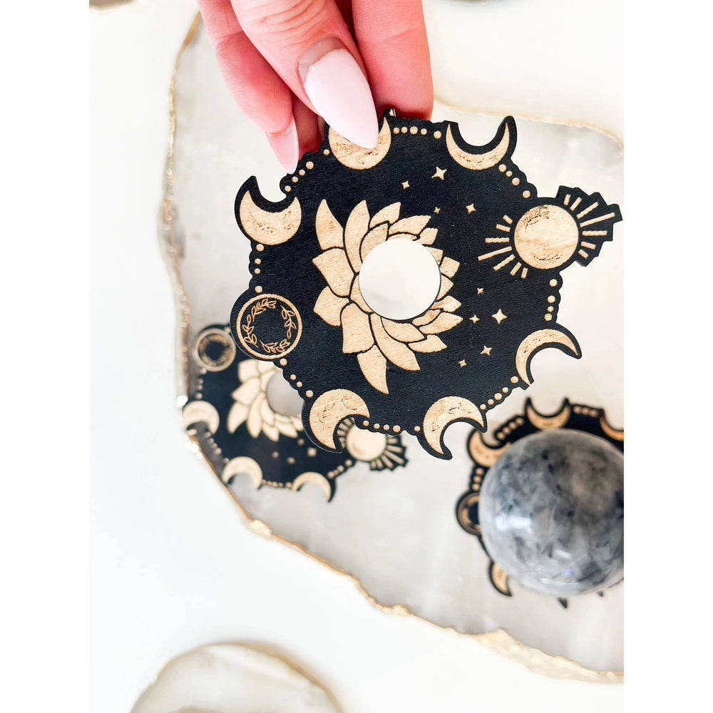 Unearthed Vibes Wood Sphere Stand – Lotus Moon | Crystal Ball & Gemstone Display Holder