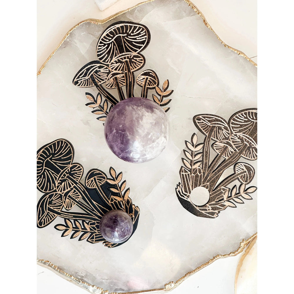 Unearthed Vibes Wood Sphere Stand – Mushroom Edition | Crystal Ball & Gemstone Display Holder