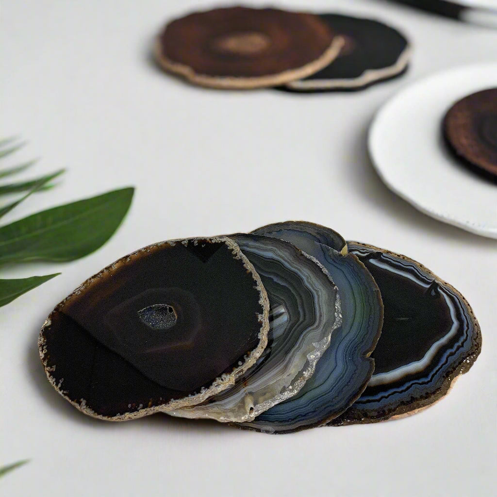 ETSY 8504 Coaster Black Neutral Tone Agate Slice Coasters | Agate Drink & Barware | Home Decor